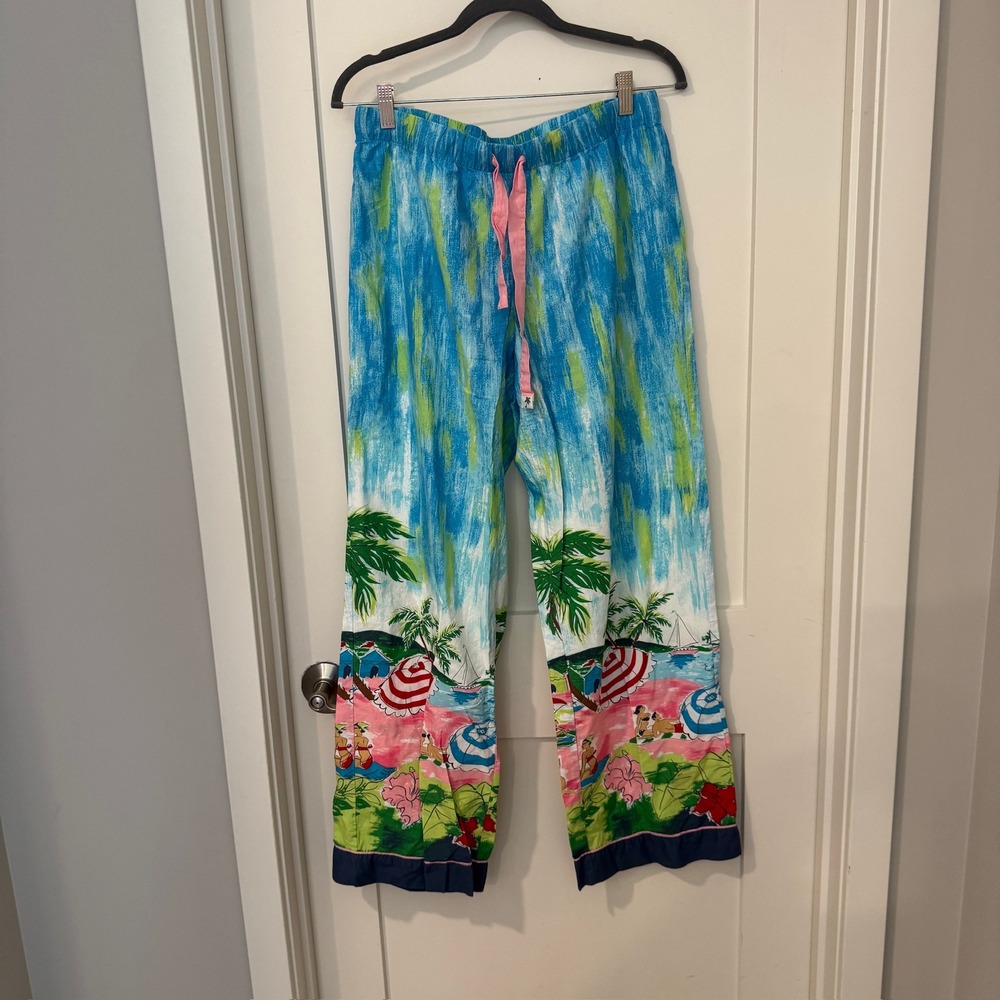 Nick & Nora Womens M Blue Tropical Beach Scene Cotton Pajama Sleep Pants